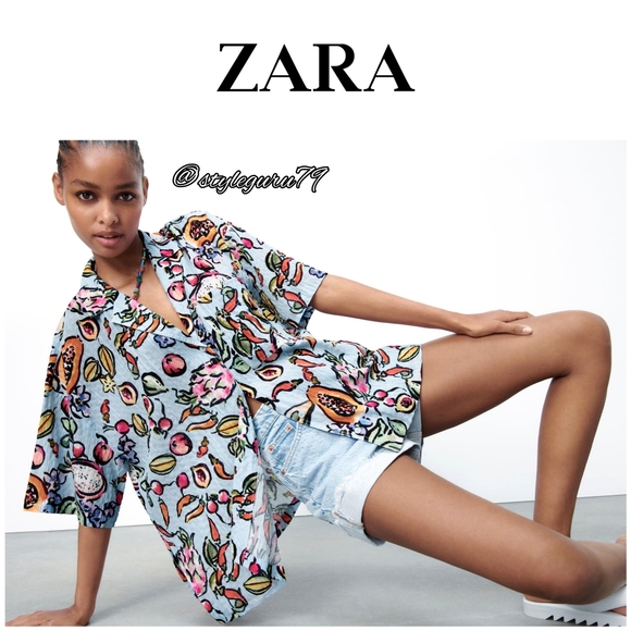 NWT ZARA Oversized Fruit Print Button Front Top